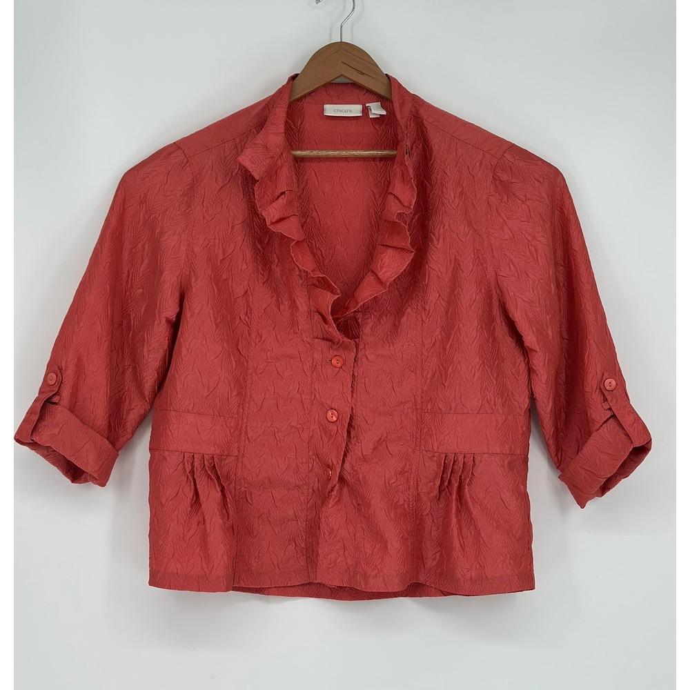 Chicos Coral Red Crinkle Ruffle Collar Jacket 3/4 Sleeve Size 3 XL